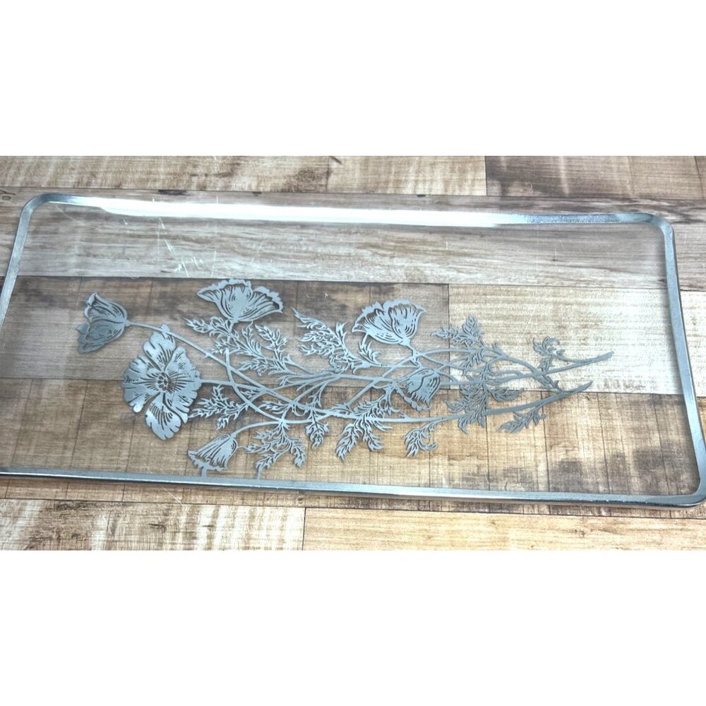 Vintage Glass Serving Tray With Floral Etching Rectangular Shape Silver-Toned